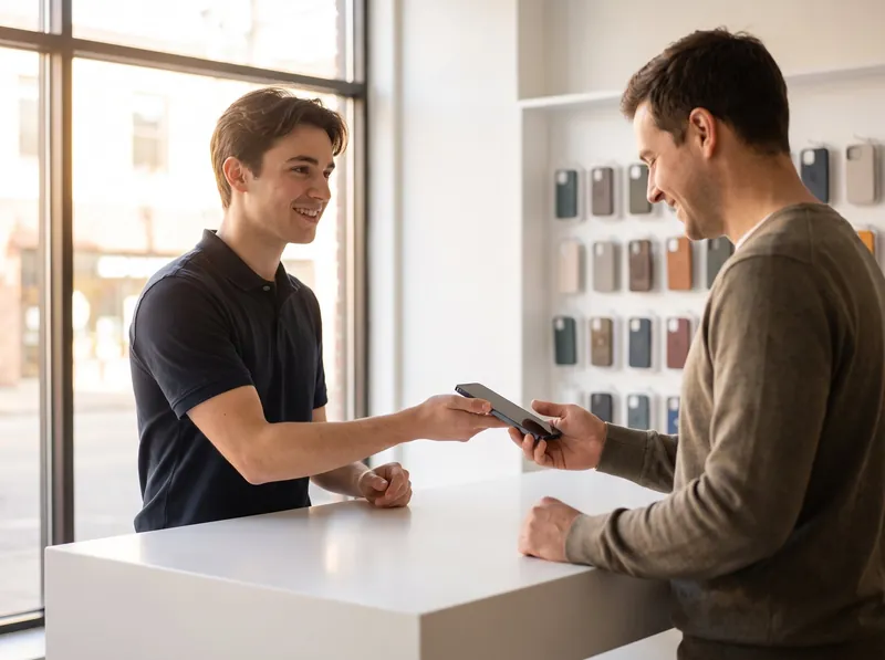 Associate showing a phone at the counter